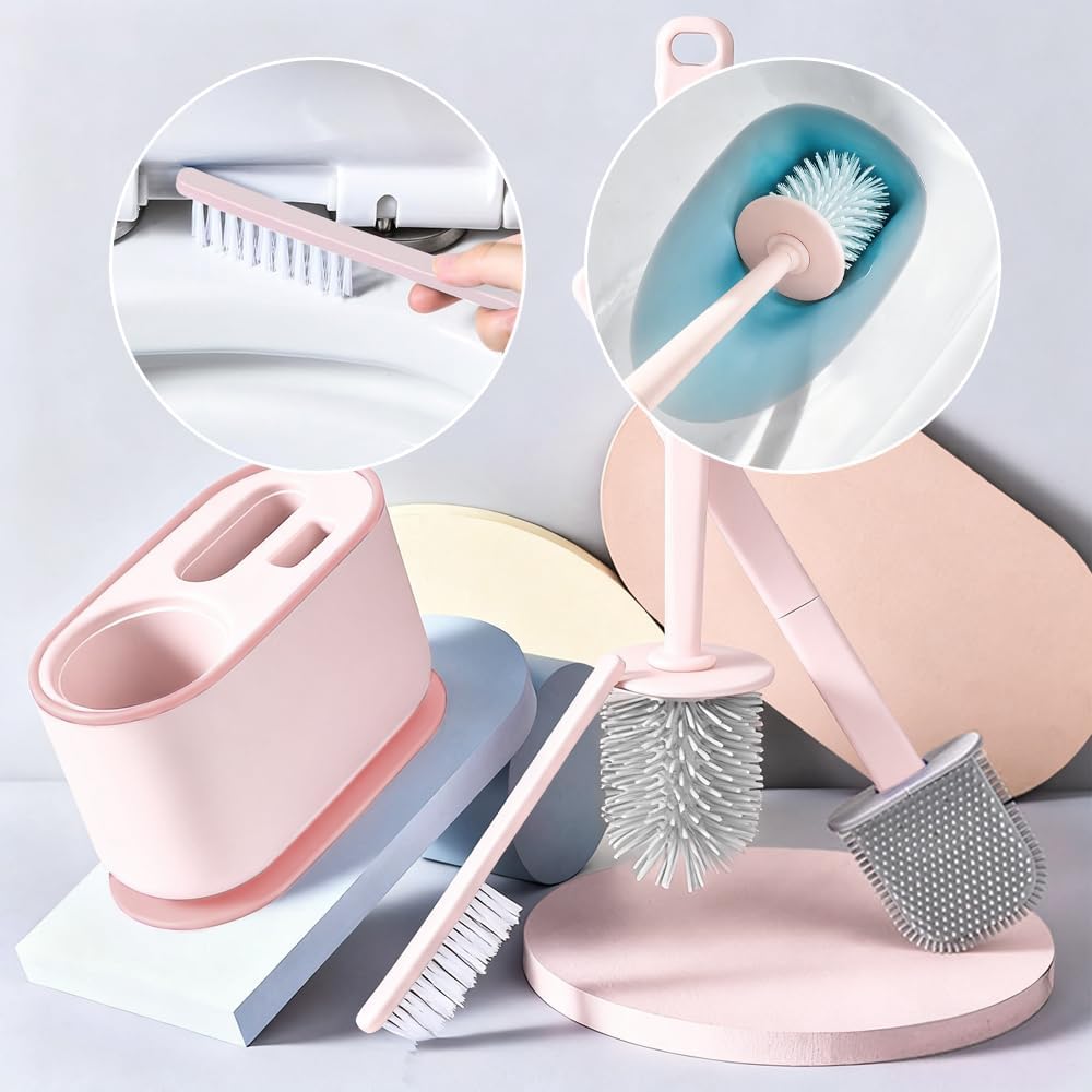 Toilet Brush Set, Bathroom Accessories, Toilet Bowl Cleaners, Deep Cleansing Multifunctional Hanging Toilet Brush Set for Bathroom(Cherry Blossom Pink)