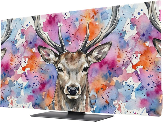 Elk TV Cover Indoor Elastic TVs Screen Protector, Pink Purple Blue Watercolor Splashes Splatter Animal Monitor Covers Inside Dust Proof Slipcover, 40 Inch TV Cover for Flat or Curved TVs
