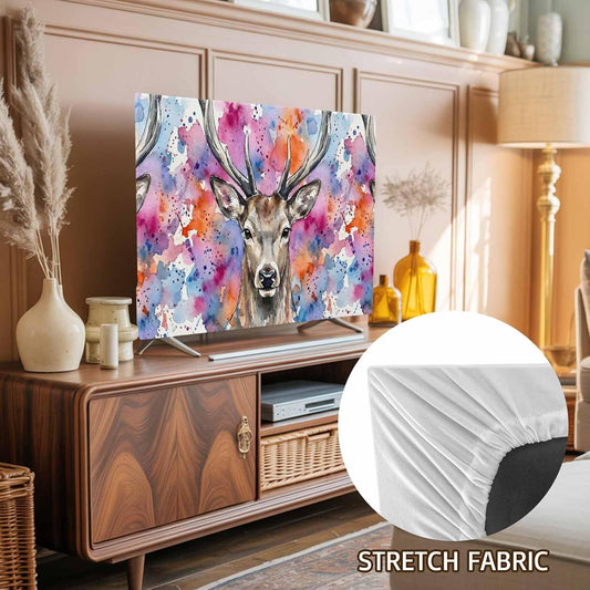Elk TV Cover Indoor Elastic TVs Screen Protector, Pink Purple Blue Watercolor Splashes Splatter Animal Monitor Covers Inside Dust Proof Slipcover, 40 Inch TV Cover for Flat or Curved TVs