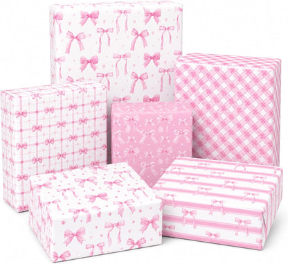 Pink Bow Wrapping Paper -12 Sheets 19.7” x 27.6” Floral, Plaid, Heart, and Bow Patterns Wrapping Paper for Girls Women Birthday Gift Packing Supplies Wedding Baby Shower Graduation Party Decor Favor
