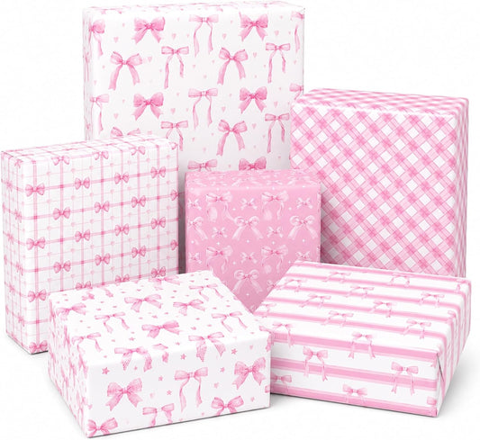 Pink Bow Wrapping Paper -12 Sheets 19.7” x 27.6” Floral, Plaid, Heart, and Bow Patterns Wrapping Paper for Girls Women Birthday Gift Packing Supplies Wedding Baby Shower Graduation Party Decor Favor