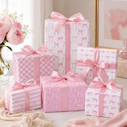Pink Bow Wrapping Paper -12 Sheets 19.7” x 27.6” Floral, Plaid, Heart, and Bow Patterns Wrapping Paper for Girls Women Birthday Gift Packing Supplies Wedding Baby Shower Graduation Party Decor Favor