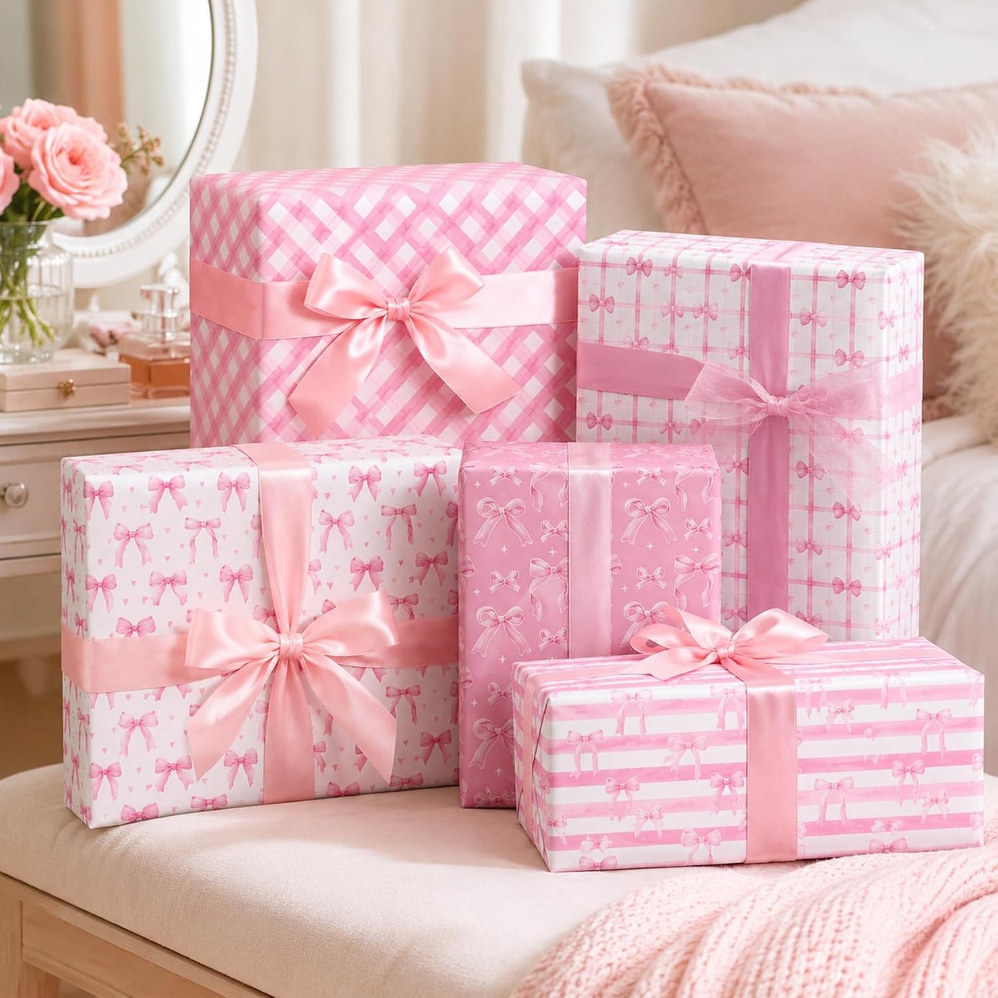 Pink Bow Wrapping Paper -12 Sheets 19.7” x 27.6” Floral, Plaid, Heart, and Bow Patterns Wrapping Paper for Girls Women Birthday Gift Packing Supplies Wedding Baby Shower Graduation Party Decor Favor