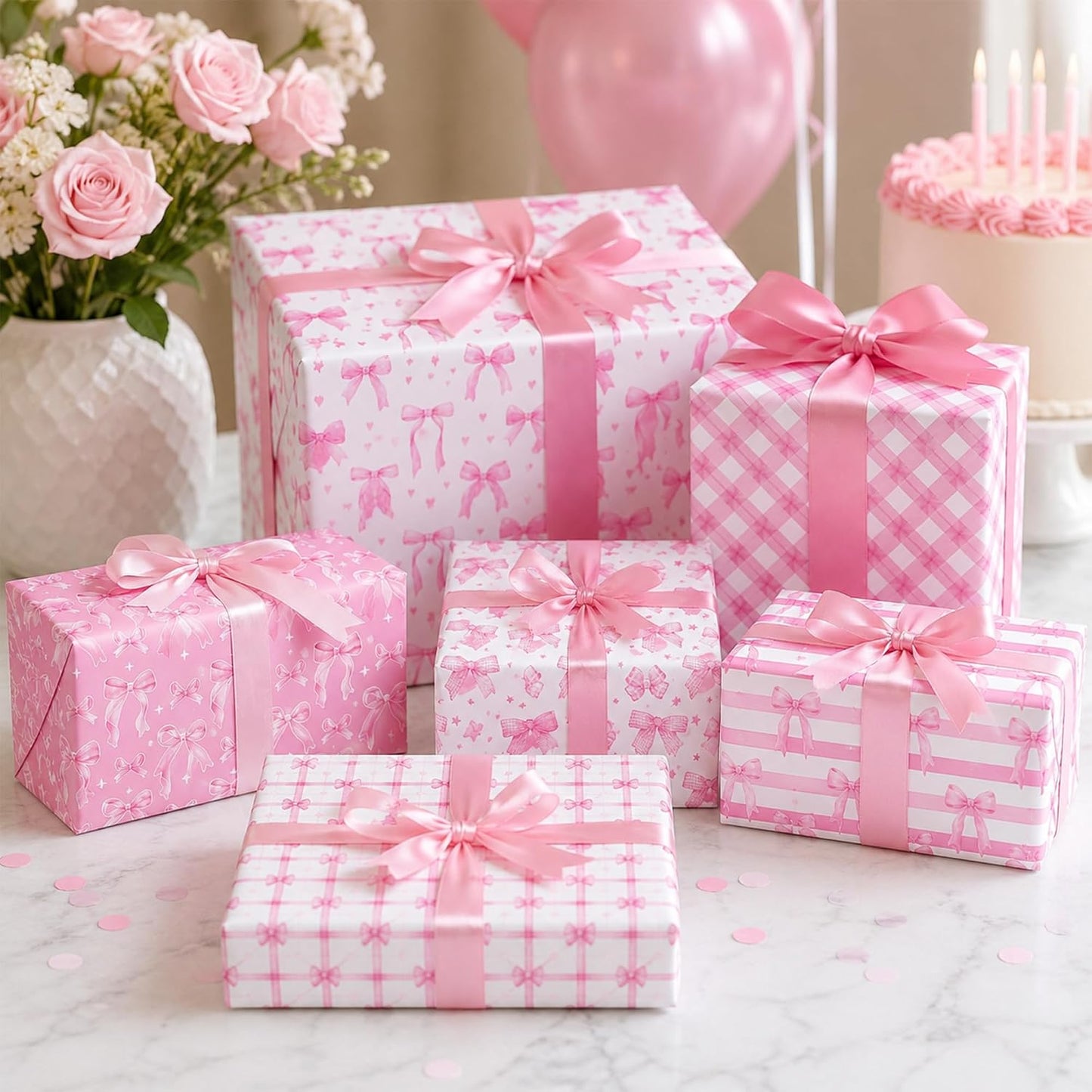 Pink Bow Wrapping Paper -12 Sheets 19.7” x 27.6” Floral, Plaid, Heart, and Bow Patterns Wrapping Paper for Girls Women Birthday Gift Packing Supplies Wedding Baby Shower Graduation Party Decor Favor