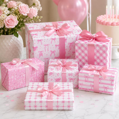 Pink Bow Wrapping Paper -12 Sheets 19.7” x 27.6” Floral, Plaid, Heart, and Bow Patterns Wrapping Paper for Girls Women Birthday Gift Packing Supplies Wedding Baby Shower Graduation Party Decor Favor