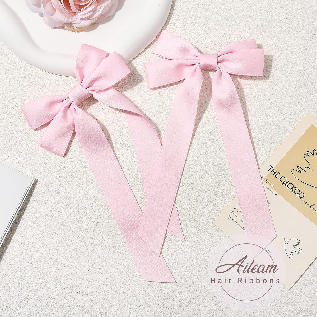 Silky Satin Hair Bows and Ribbons: 2PCS Pink Alligator Clips for Ponytail Holders, Hair Accessories for Women, Girls, Toddlers, and Teens