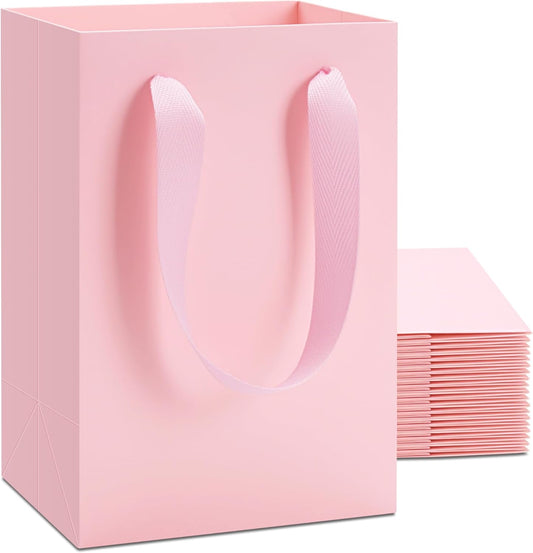 Pink Gift Bags 20Pack, Small Gift Bags, 5.25"x3.75"x8" Boutique Paper Bag with Ribbon Handles, Pink Paper Bag for Women's Day, Mother's Day