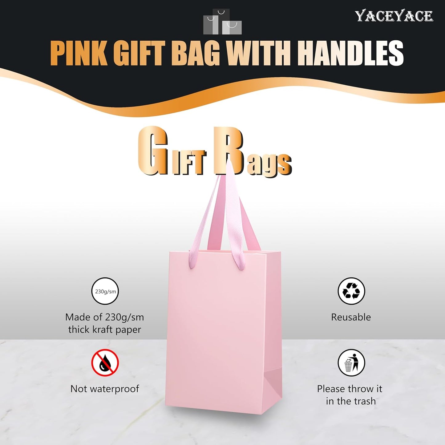 Pink Gift Bags 20Pack, Small Gift Bags, 5.25"x3.75"x8" Boutique Paper Bag with Ribbon Handles, Pink Paper Bag for Women's Day, Mother's Day