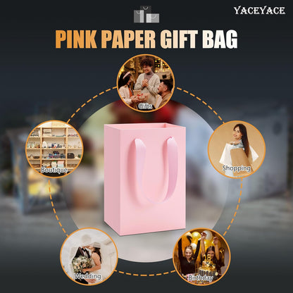 Pink Gift Bags 20Pack, Small Gift Bags, 5.25"x3.75"x8" Boutique Paper Bag with Ribbon Handles, Pink Paper Bag for Women's Day, Mother's Day
