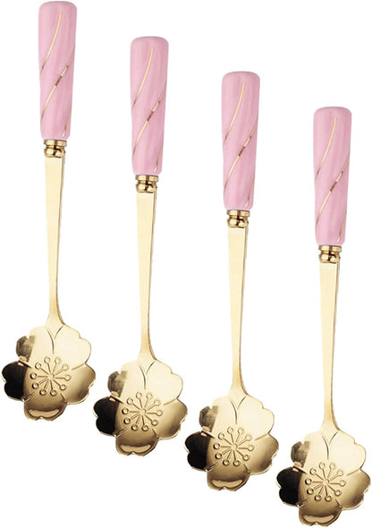 Creative Flower Shaped Dessert Spoons 4Pcs Stainless Steel and Ceramic