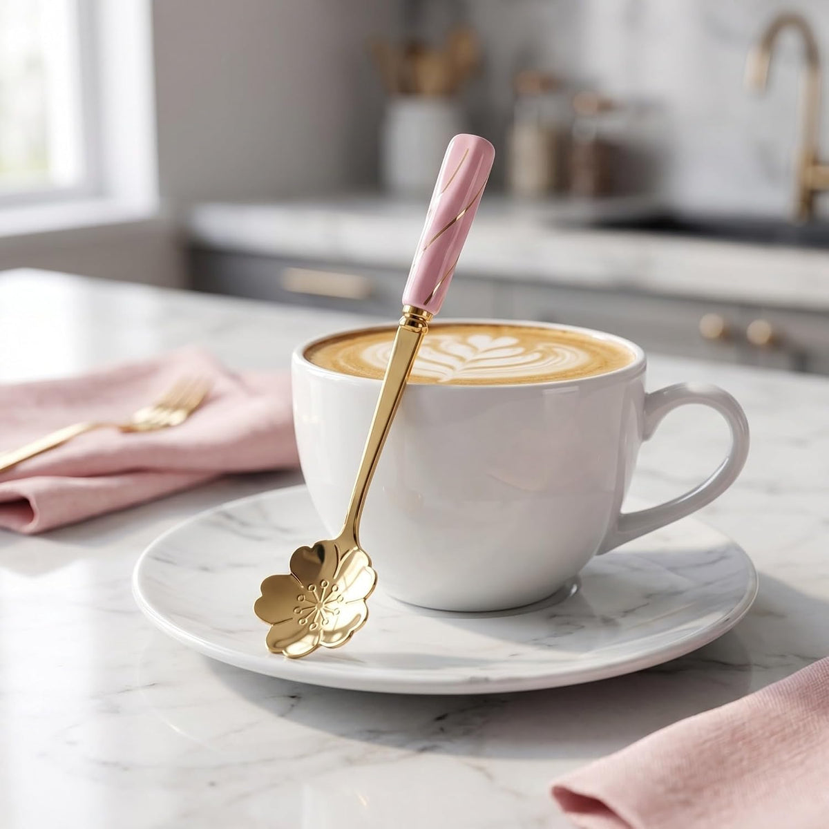 Creative Flower Shaped Dessert Spoons 4Pcs Stainless Steel and Ceramic
