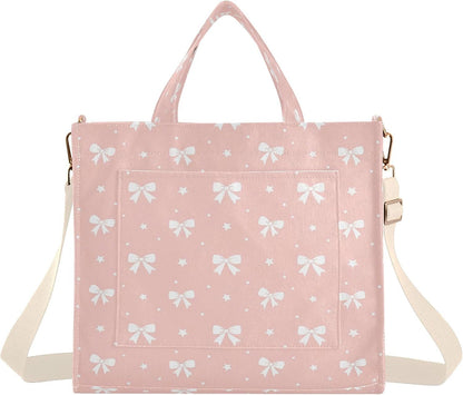 Bows on Peach Pink Tote Bag for Women, Corduroy Tote Handbag Crossbody Bag for Shopping Work Travel