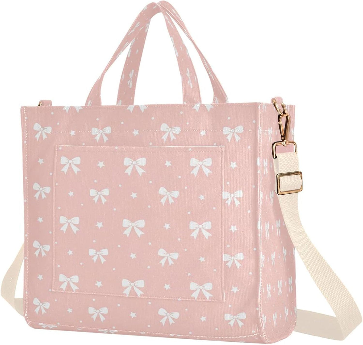 Bows on Peach Pink Tote Bag for Women, Corduroy Tote Handbag Crossbody Bag for Shopping Work Travel