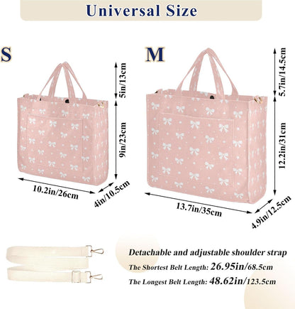 Bows on Peach Pink Tote Bag for Women, Corduroy Tote Handbag Crossbody Bag for Shopping Work Travel