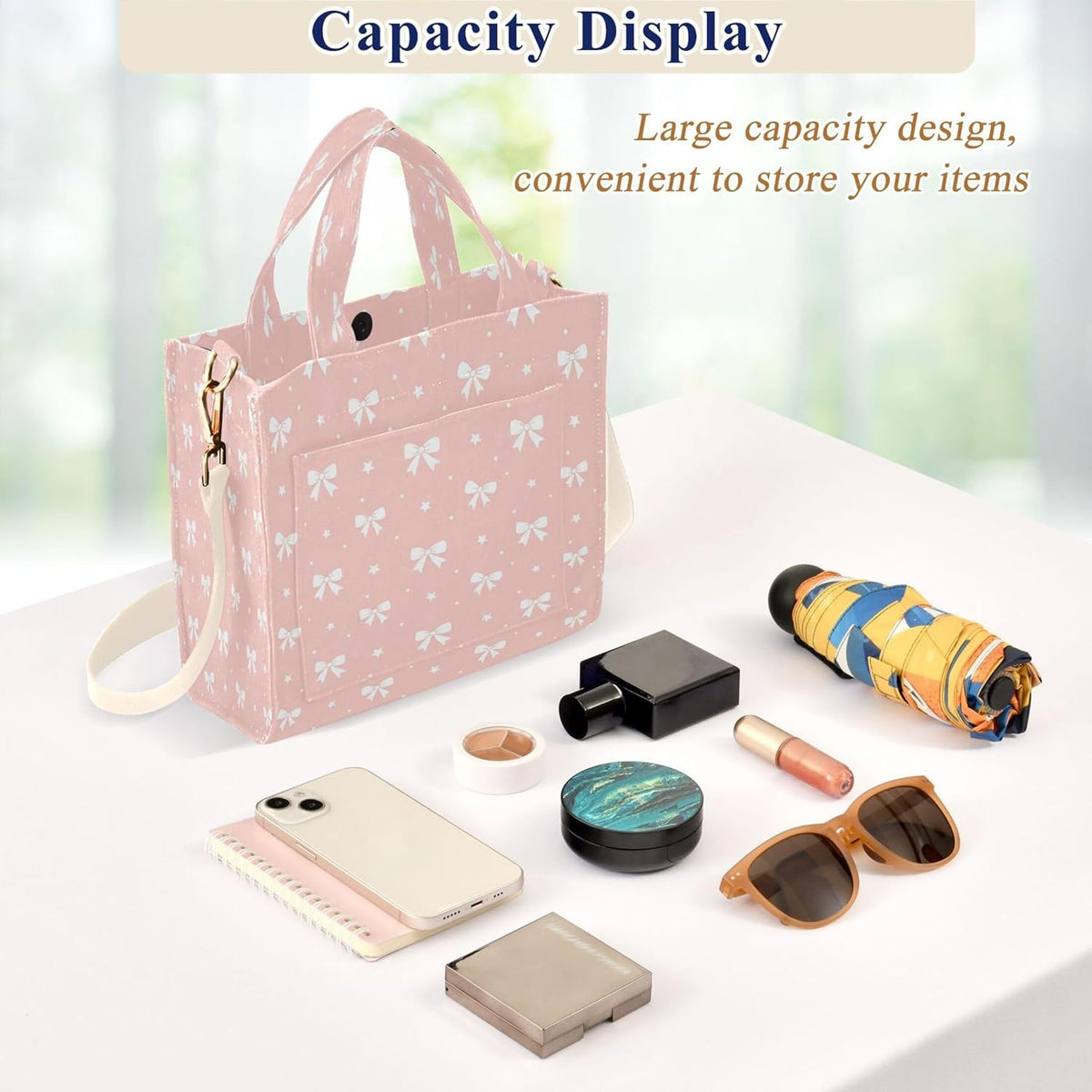 Bows on Peach Pink Tote Bag for Women, Corduroy Tote Handbag Crossbody Bag for Shopping Work Travel