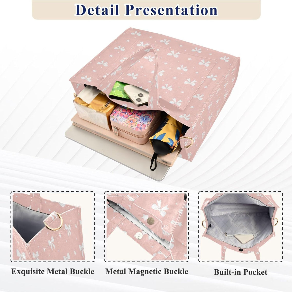 Bows on Peach Pink Tote Bag for Women, Corduroy Tote Handbag Crossbody Bag for Shopping Work Travel