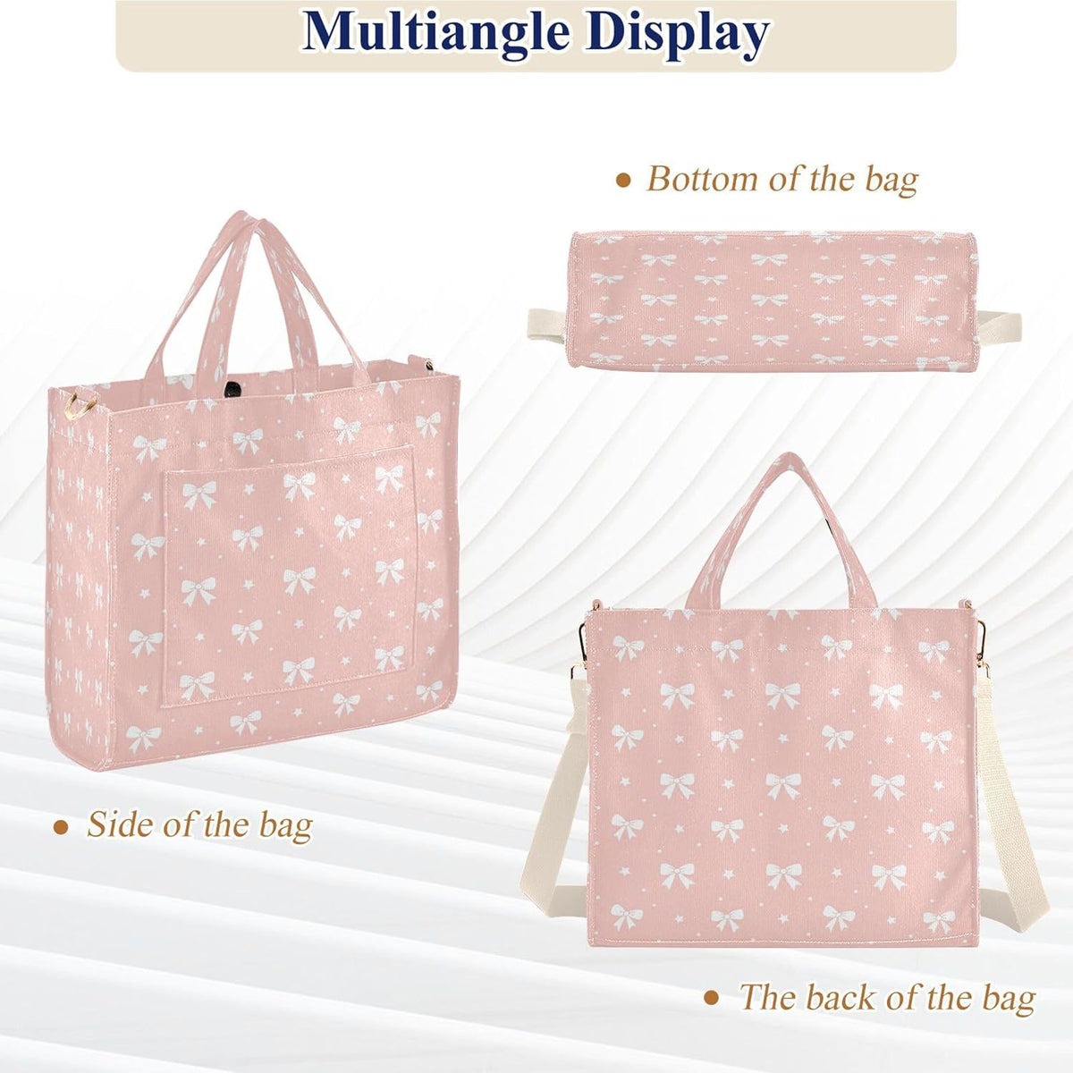 Bows on Peach Pink Tote Bag for Women, Corduroy Tote Handbag Crossbody Bag for Shopping Work Travel