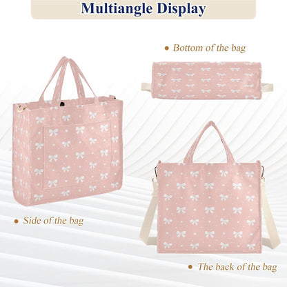 Bows on Peach Pink Tote Bag for Women, Corduroy Tote Handbag Crossbody Bag for Shopping Work Travel