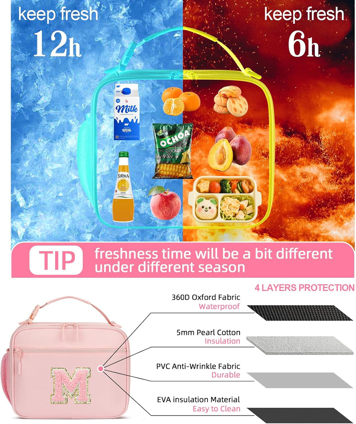 Kids Lunch Box Large Initial Insulated Lunch Bag for Girls