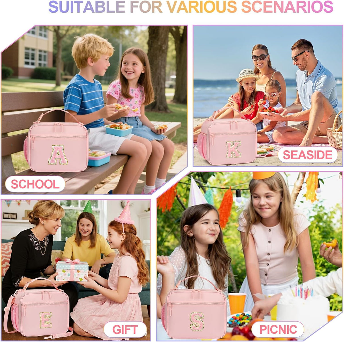 Kids Lunch Box Large Initial Insulated Lunch Bag for Girls