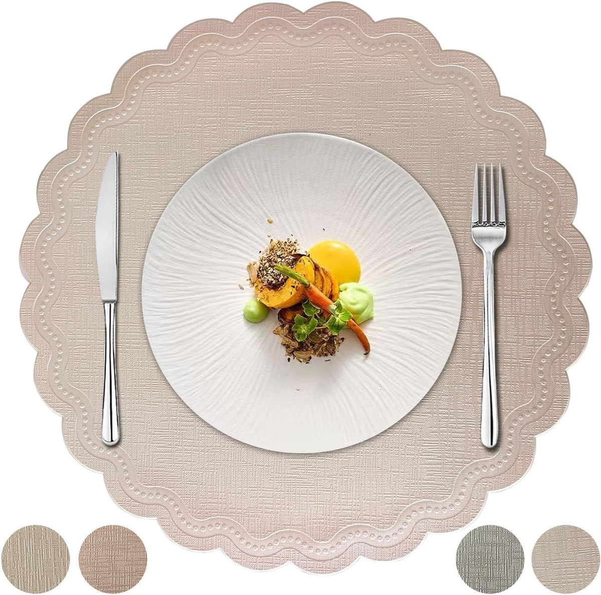 Round Placemats, Champagne Pink, Set of 6, 15 Inches, Flower Shape