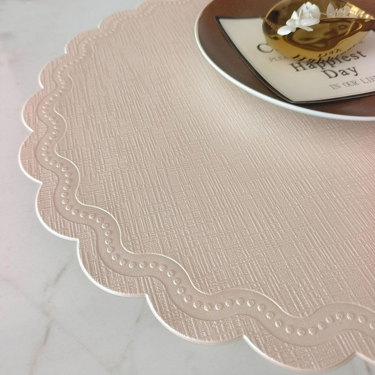 Round Placemats, Champagne Pink, Set of 6, 15 Inches, Flower Shape