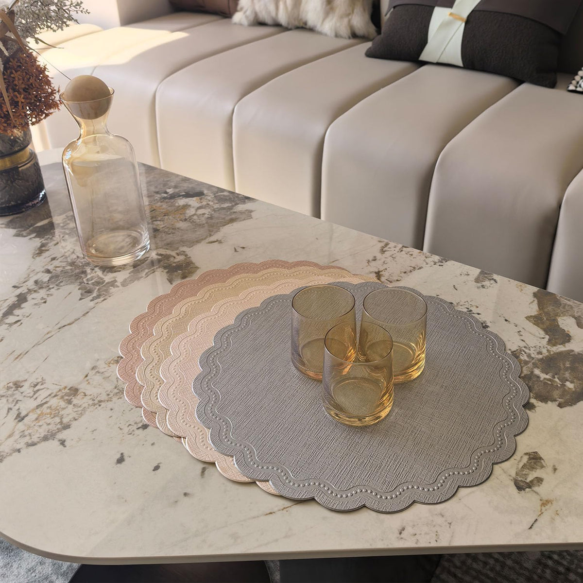 Round Placemats, Champagne Pink, Set of 6, 15 Inches, Flower Shape