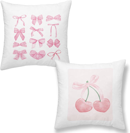 Pink Throw Pillow Covers, Preppy Bedding, Trendy Aesthetic Cute Throw Pillow Cases 18x18 Set of 2, Bow Cherry Pillowcases for Teen Sofa, Dorm, Girls Bedroom