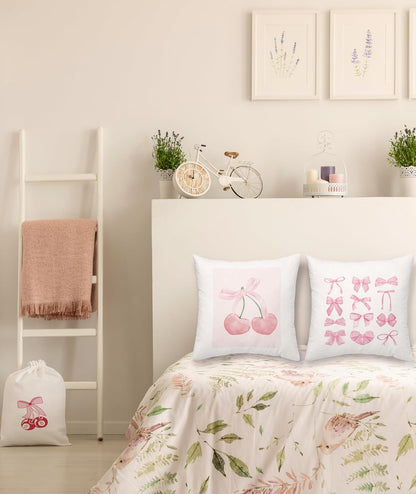 Pink Throw Pillow Covers, Preppy Bedding, Trendy Aesthetic Cute Throw Pillow Cases 18x18 Set of 2, Bow Cherry Pillowcases for Teen Sofa, Dorm, Girls Bedroom
