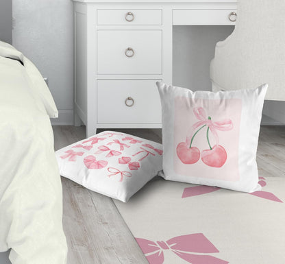 Pink Throw Pillow Covers, Preppy Bedding, Trendy Aesthetic Cute Throw Pillow Cases 18x18 Set of 2, Bow Cherry Pillowcases for Teen Sofa, Dorm, Girls Bedroom