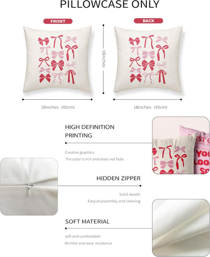 Pink Throw Pillow Covers, Preppy Bedding, Trendy Aesthetic Cute Throw Pillow Cases 18x18 Set of 2, Bow Cherry Pillowcases for Teen Sofa, Dorm, Girls Bedroom