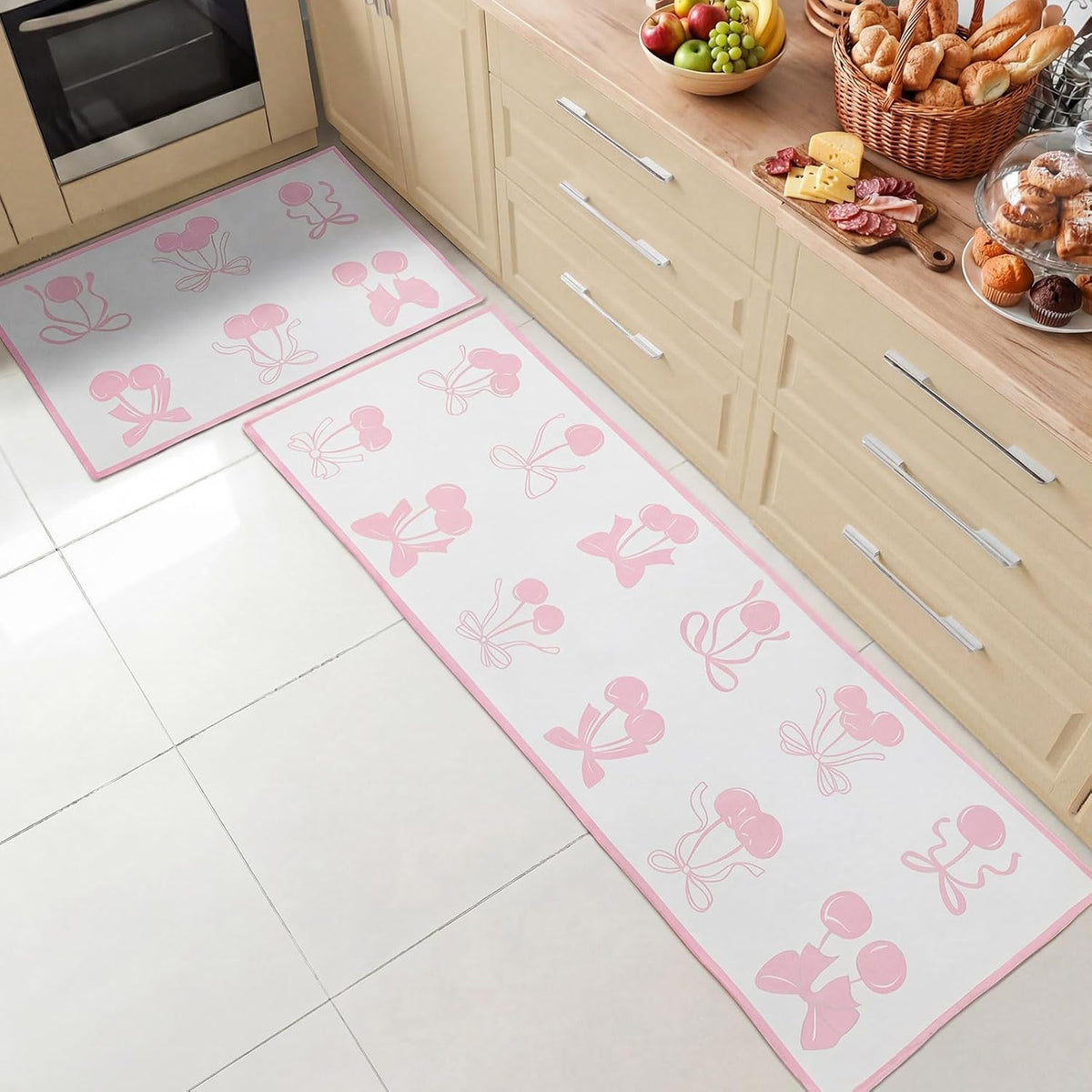 Pink Bow Kitchen Rug Mat 2 pcs, Non-Slip Kitchen Rug Waterproof Decorative Anti-Fatigue Floor Mats for Cooking, Dining, Floor, Sink, 17"x47.2"+17"x30" (Pink Row)