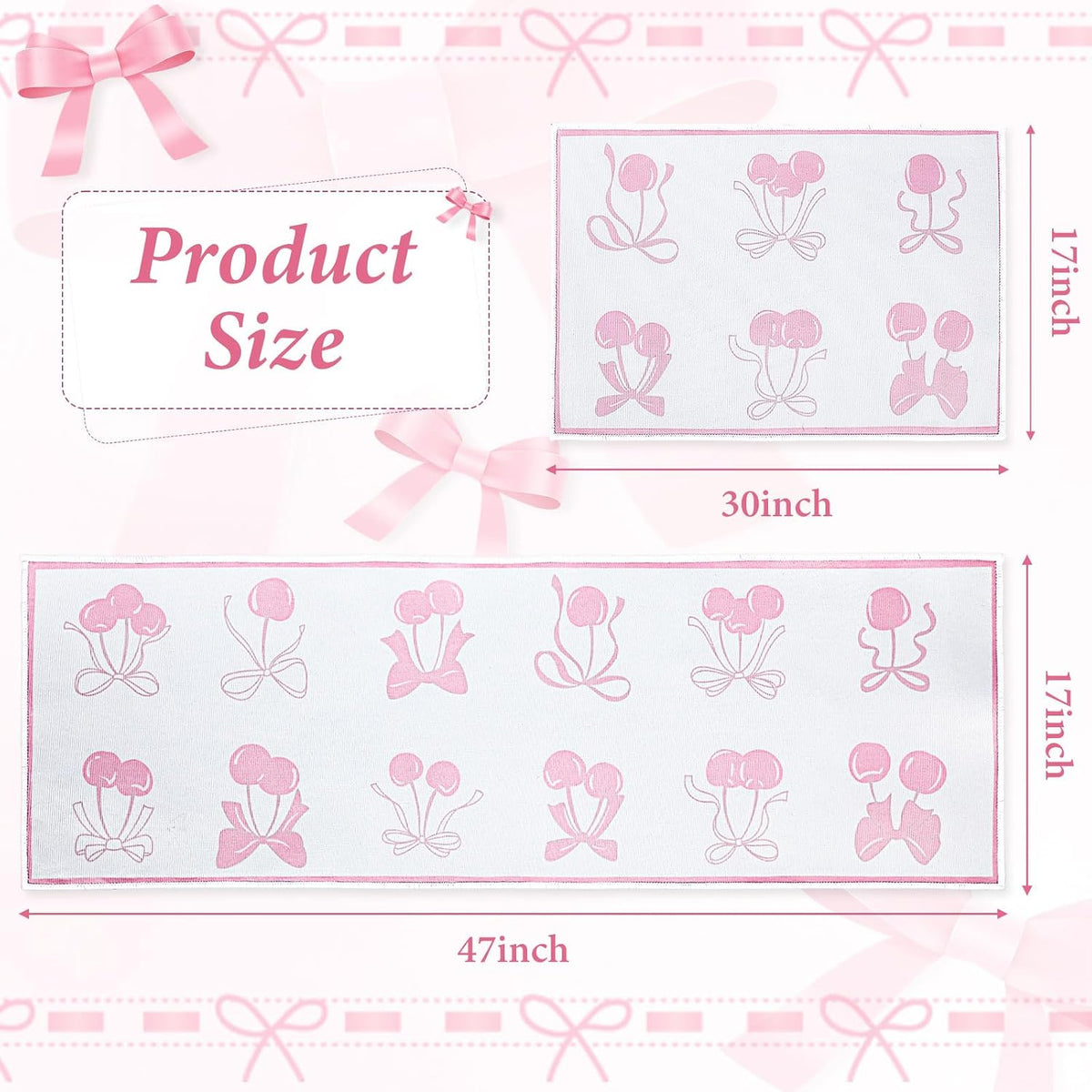 Pink Bow Kitchen Rug Mat 2 pcs, Non-Slip Kitchen Rug Waterproof Decorative Anti-Fatigue Floor Mats for Cooking, Dining, Floor, Sink, 17"x47.2"+17"x30" (Pink Row)