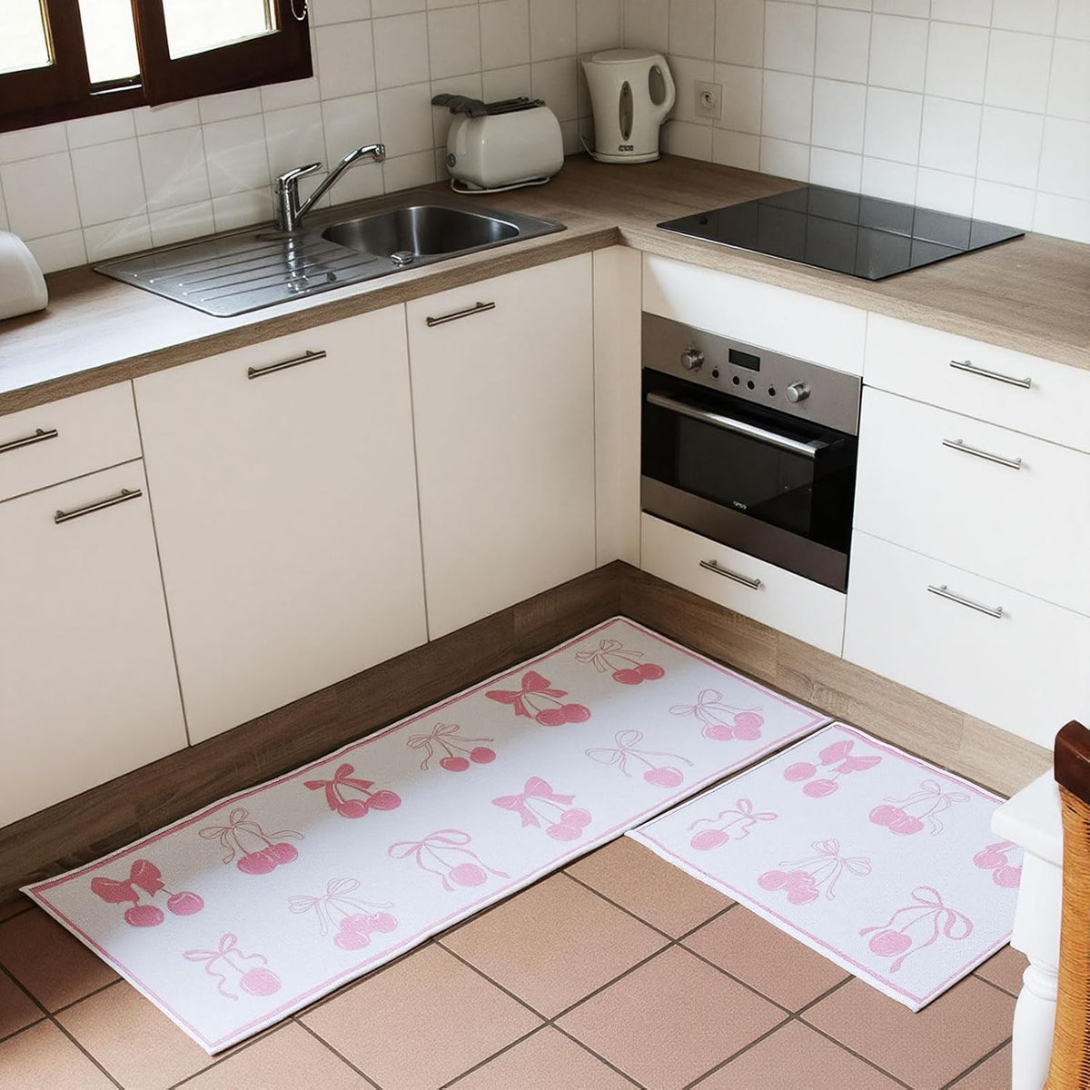 Pink Bow Kitchen Rug Mat 2 pcs, Non-Slip Kitchen Rug Waterproof Decorative Anti-Fatigue Floor Mats for Cooking, Dining, Floor, Sink, 17"x47.2"+17"x30" (Pink Row)