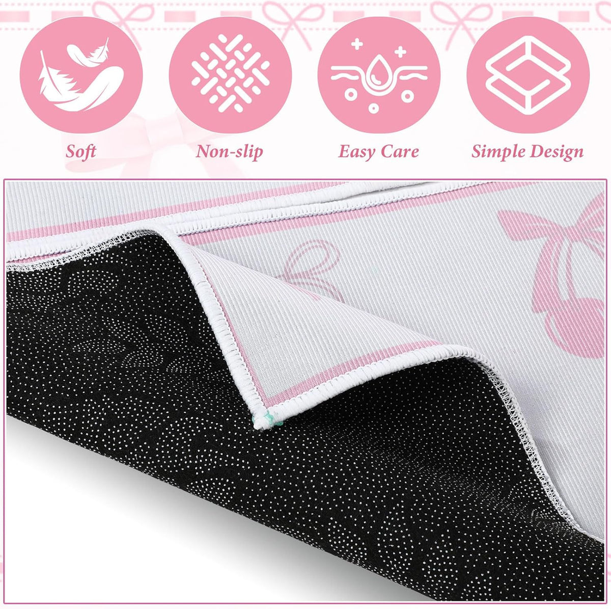 Pink Bow Kitchen Rug Mat 2 pcs, Non-Slip Kitchen Rug Waterproof Decorative Anti-Fatigue Floor Mats for Cooking, Dining, Floor, Sink, 17"x47.2"+17"x30" (Pink Row)