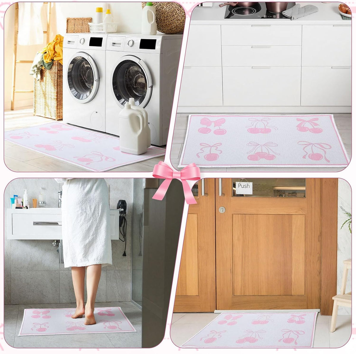 Pink Bow Kitchen Rug Mat 2 pcs, Non-Slip Kitchen Rug Waterproof Decorative Anti-Fatigue Floor Mats for Cooking, Dining, Floor, Sink, 17"x47.2"+17"x30" (Pink Row)