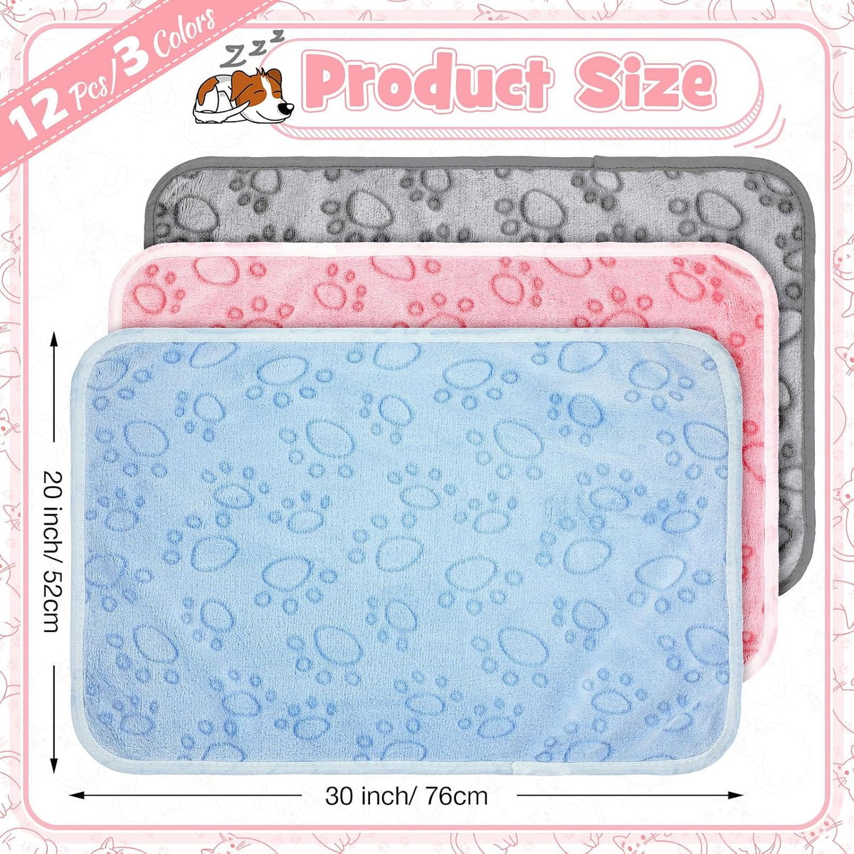 12 Pcs Puppy Blanket for Cat, 30 X 20 Inch Pink,Gray,Blue