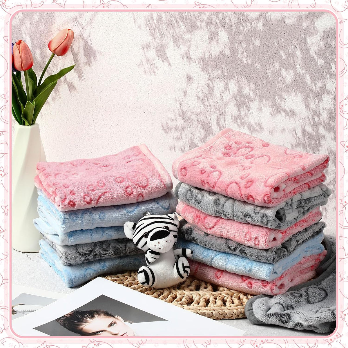 12 Pcs Puppy Blanket for Cat, 30 X 20 Inch Pink,Gray,Blue