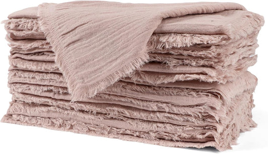 FINGERCRAFT Cloth Napkins Natural Cotton Cheesecloth Set of 12 Premium Fringe Design Dinner Napkin Soft Durable Ideal for Dining Room, Restaurant, Weddings Events Washable Good Absorbency Peach
