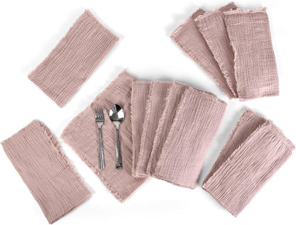 FINGERCRAFT Cloth Napkins Natural Cotton Cheesecloth Set of 12 Premium Fringe Design Dinner Napkin Soft Durable Ideal for Dining Room, Restaurant, Weddings Events Washable Good Absorbency Peach