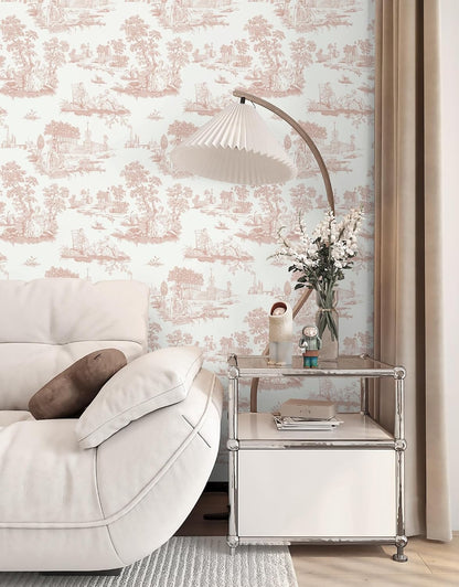 Pink Toile Peel and Stick Wallpaper Vintage Contact Paper Self Adhesive Waterproof Removable French Wall Paper for Cabinets Shelf Drawer Bedroom Bathroom 17.3''x78.7''