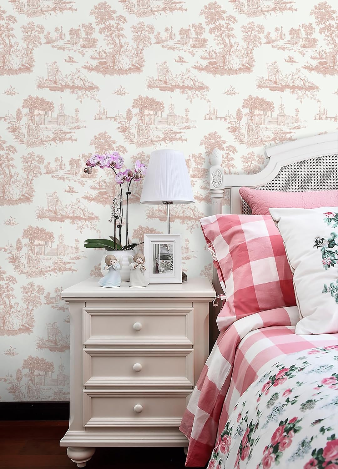 Pink Toile Peel and Stick Wallpaper Vintage Contact Paper Self Adhesive Waterproof Removable French Wall Paper for Cabinets Shelf Drawer Bedroom Bathroom 17.3''x78.7''