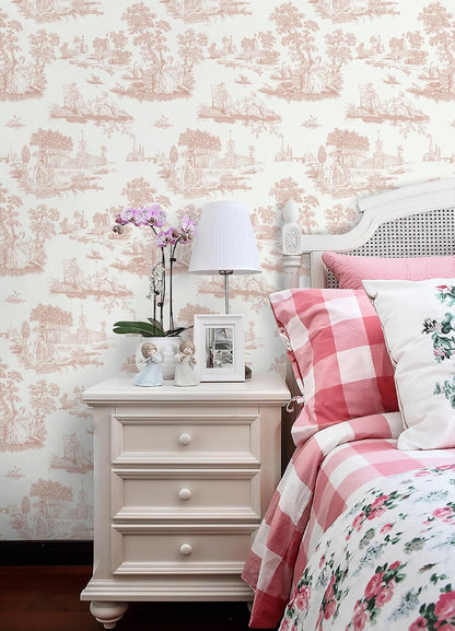 Pink Toile Peel and Stick Wallpaper Vintage Contact Paper Self Adhesive Waterproof Removable French Wall Paper for Cabinets Shelf Drawer Bedroom Bathroom 17.3''x78.7''