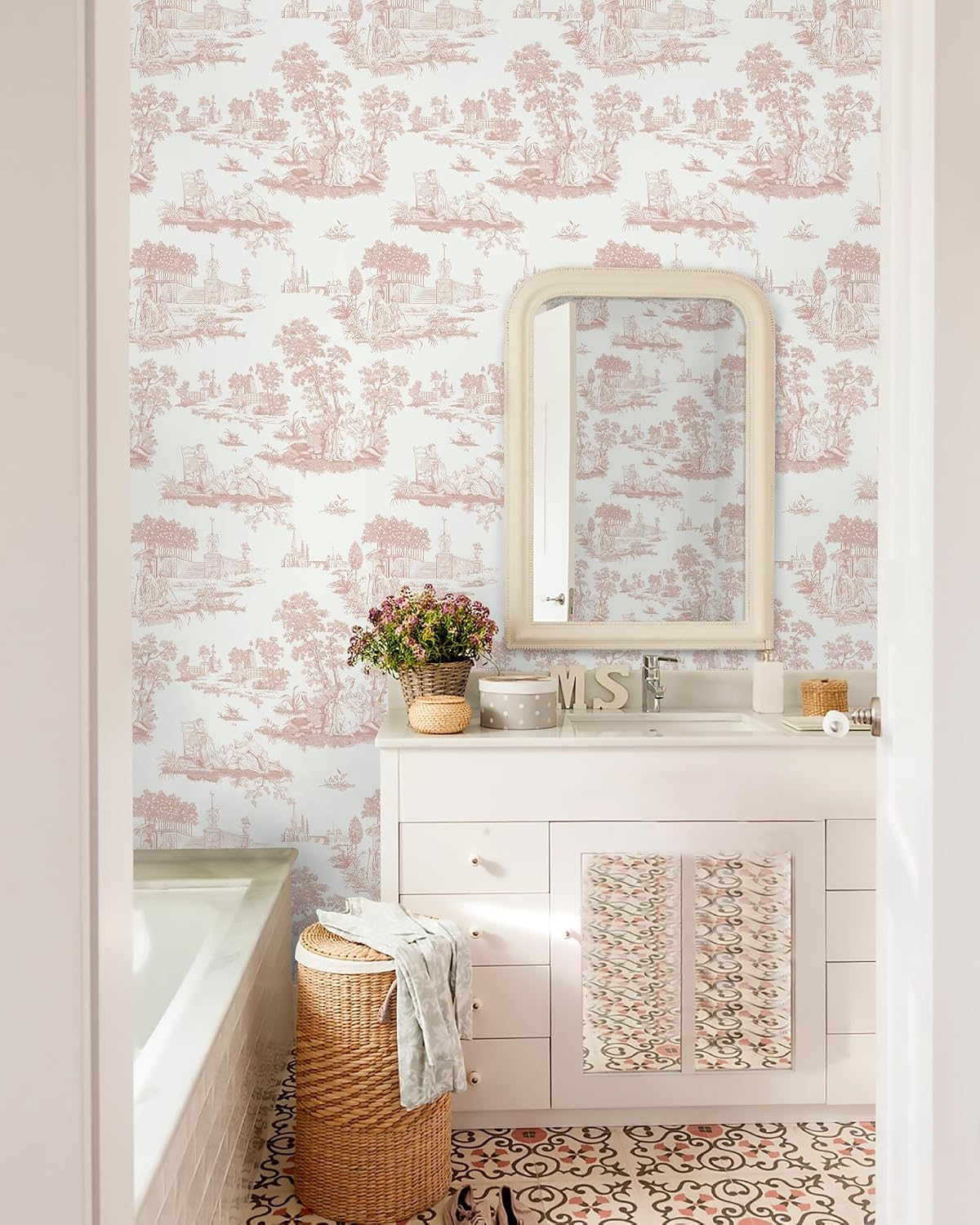 Pink Toile Peel and Stick Wallpaper Vintage Contact Paper Self Adhesive Waterproof Removable French Wall Paper for Cabinets Shelf Drawer Bedroom Bathroom 17.3''x78.7''
