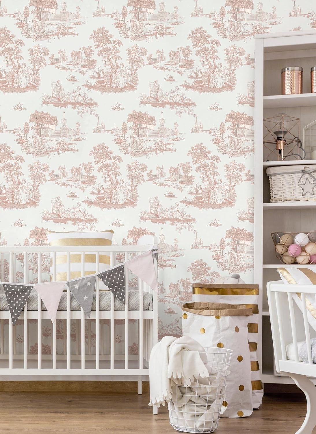 Pink Toile Peel and Stick Wallpaper Vintage Contact Paper Self Adhesive Waterproof Removable French Wall Paper for Cabinets Shelf Drawer Bedroom Bathroom 17.3''x78.7''