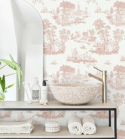 Pink Toile Peel and Stick Wallpaper Vintage Contact Paper Self Adhesive Waterproof Removable French Wall Paper for Cabinets Shelf Drawer Bedroom Bathroom 17.3''x78.7''