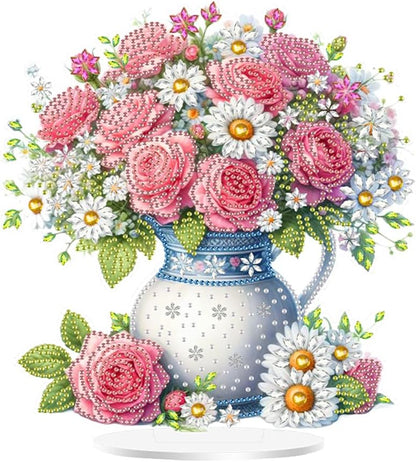 DIY Acrylic Pink Rose Bouquet Diamond Art Painting Tabletop Decor Kit - Creative Desktop Decoration for Home Desk, Pressure Relief Craft Gift for Women