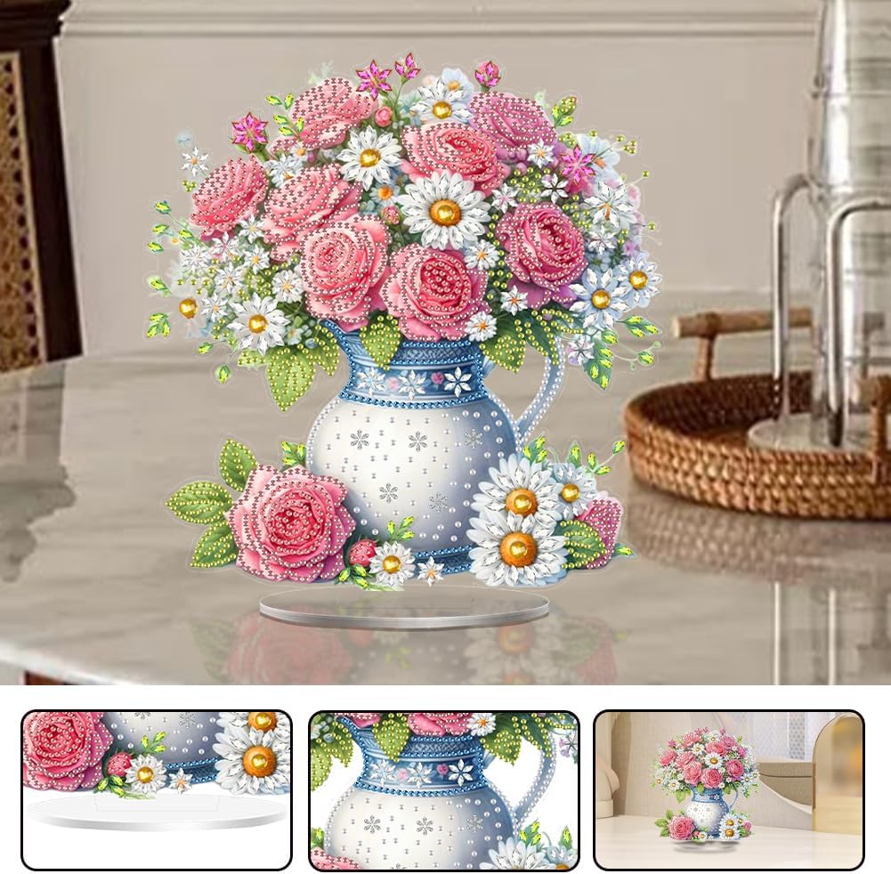 DIY Acrylic Pink Rose Bouquet Diamond Art Painting Tabletop Decor Kit - Creative Desktop Decoration for Home Desk, Pressure Relief Craft Gift for Women