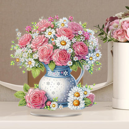 DIY Acrylic Pink Rose Bouquet Diamond Art Painting Tabletop Decor Kit - Creative Desktop Decoration for Home Desk, Pressure Relief Craft Gift for Women