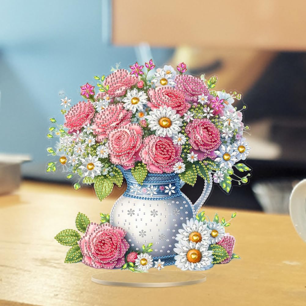DIY Acrylic Pink Rose Bouquet Diamond Art Painting Tabletop Decor Kit - Creative Desktop Decoration for Home Desk, Pressure Relief Craft Gift for Women